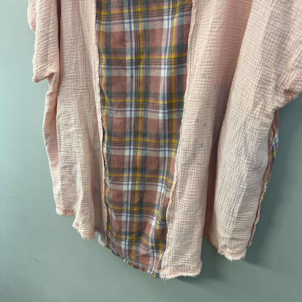 Oli and Hali Pink/ Multi Plaid Print Detail Short Sleeve Hooded Top One Size