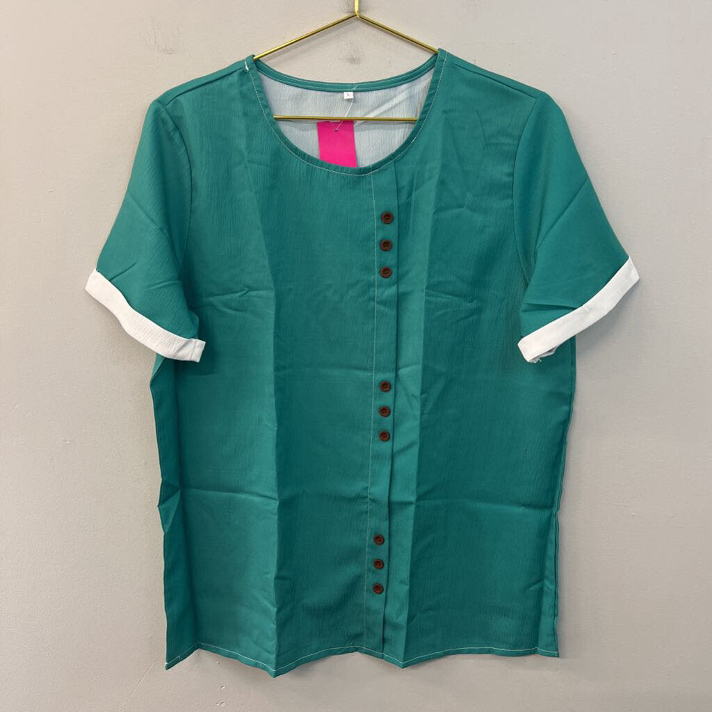 Green/ White Button Front Short Sleeve Top Large