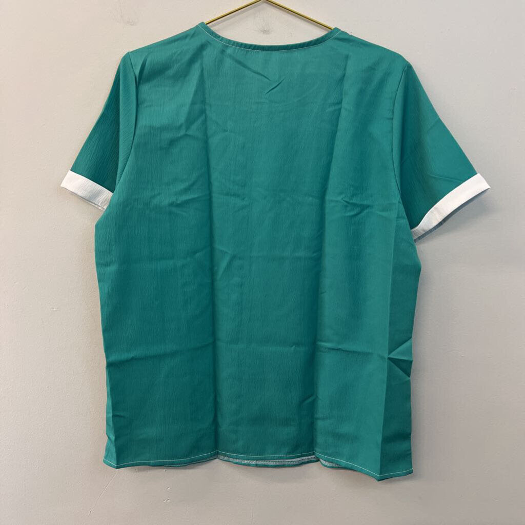Green/ White Button Front Short Sleeve Top Large