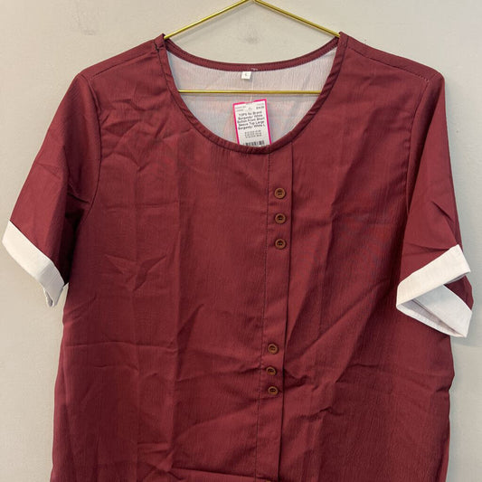 Burgundy/ White Button Front Short Sleeve Top Large