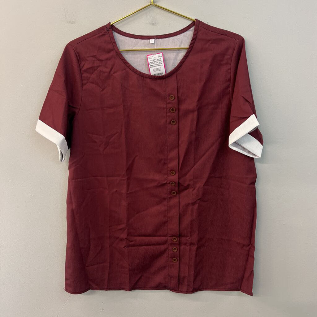 Burgundy/ White Button Front Short Sleeve Top Large