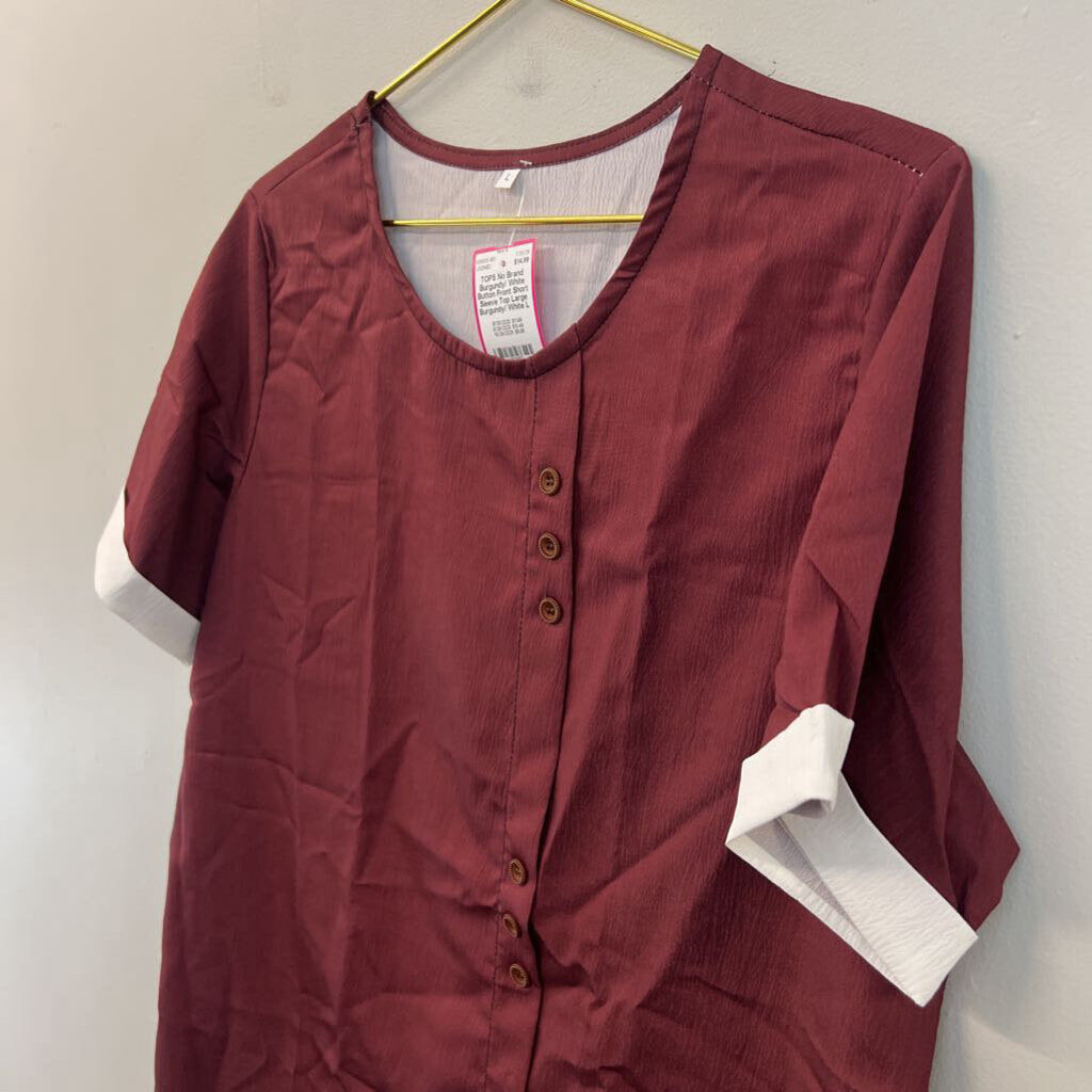 Burgundy/ White Button Front Short Sleeve Top Large