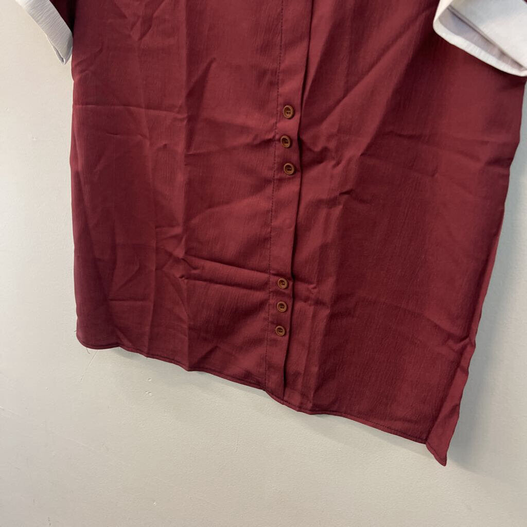 Burgundy/ White Button Front Short Sleeve Top Large