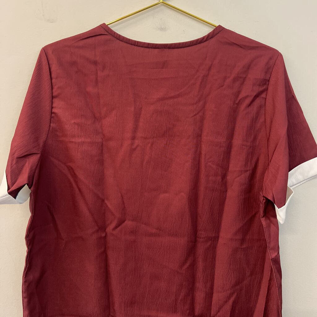 Burgundy/ White Button Front Short Sleeve Top Large