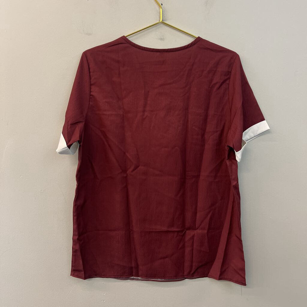 Burgundy/ White Button Front Short Sleeve Top Large