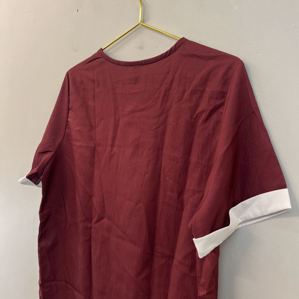 Burgundy/ White Button Front Short Sleeve Top Large