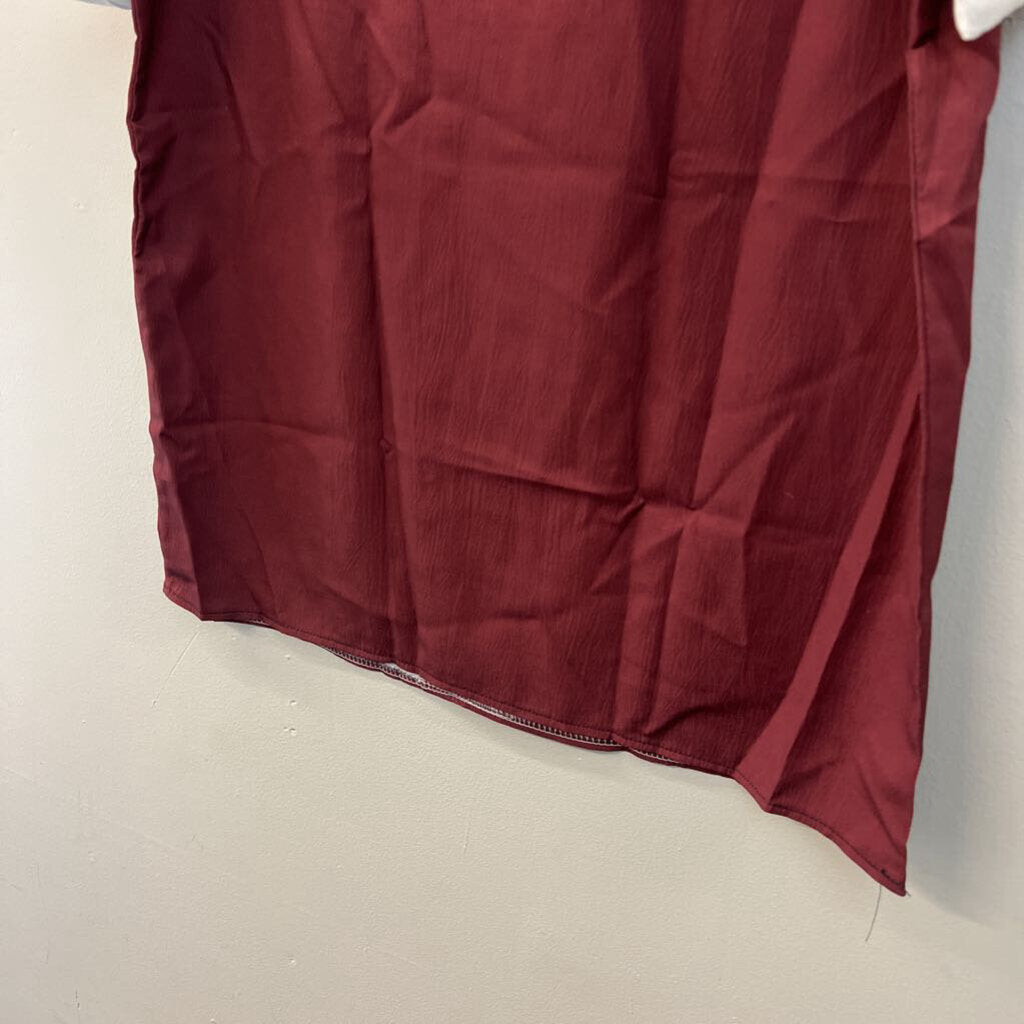 Burgundy/ White Button Front Short Sleeve Top Large