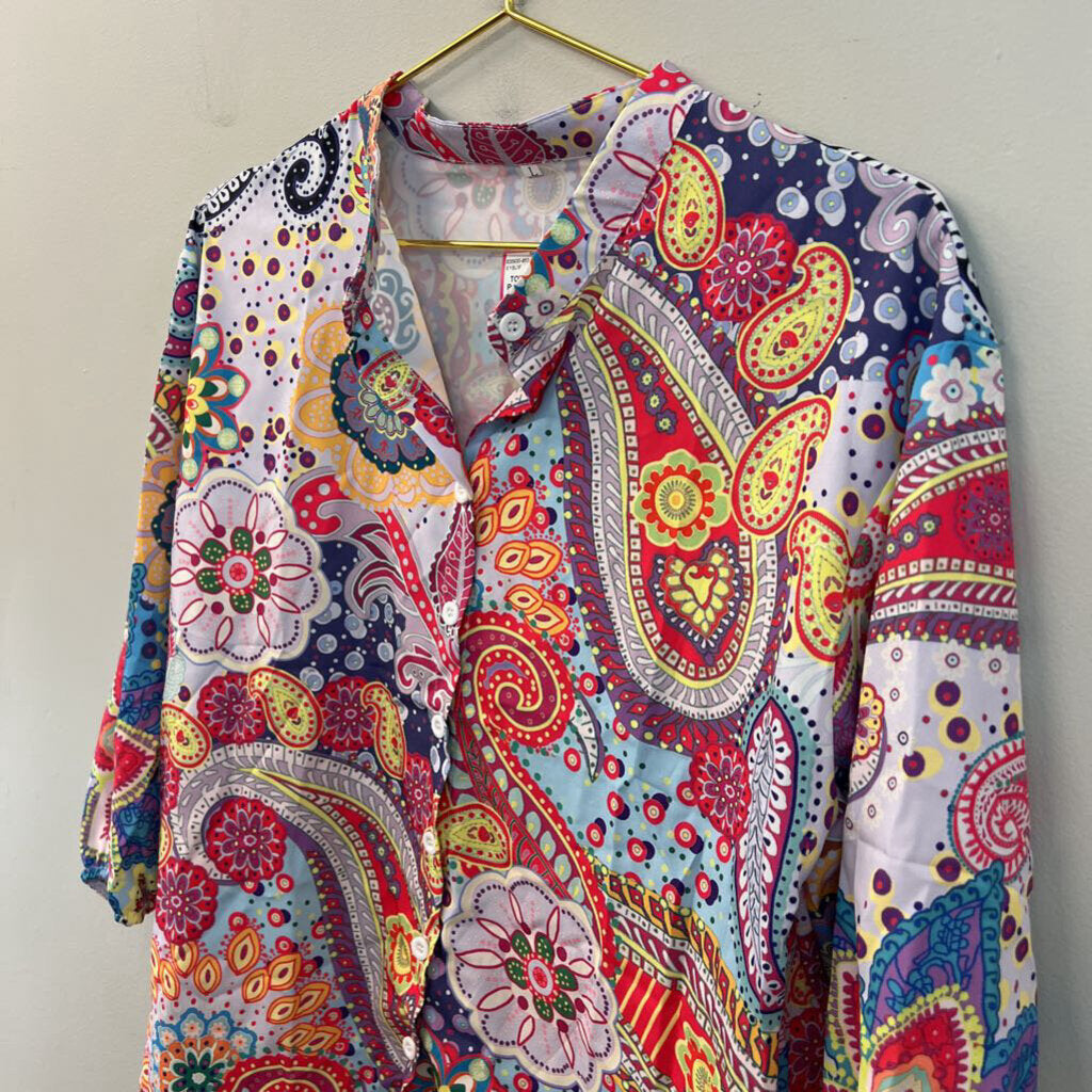 Purple/ Multi Print Button Front Top Large