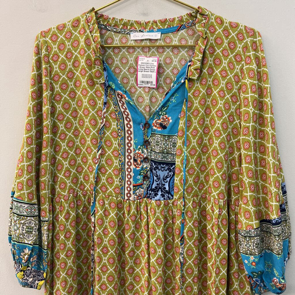 Ces Femme Green/ Multi Print Long Sleeve Dress Large