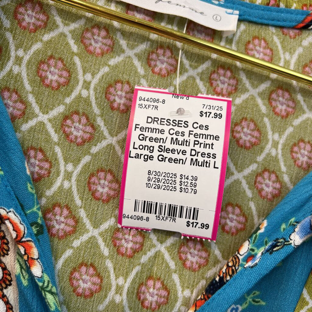 Ces Femme Green/ Multi Print Long Sleeve Dress Large