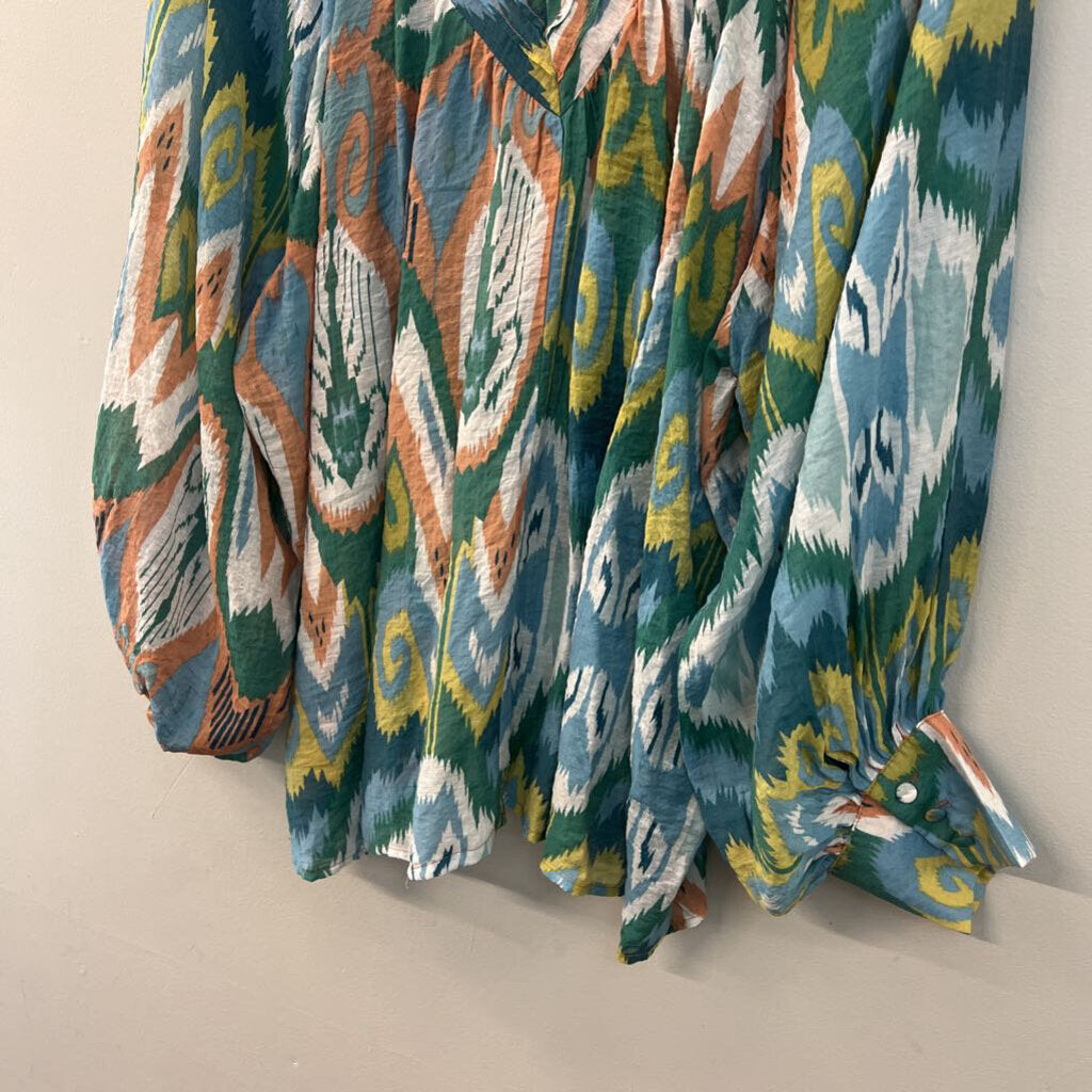 EE Some Green/ Blue/ Multi Print Long Sleeve Dress Large
