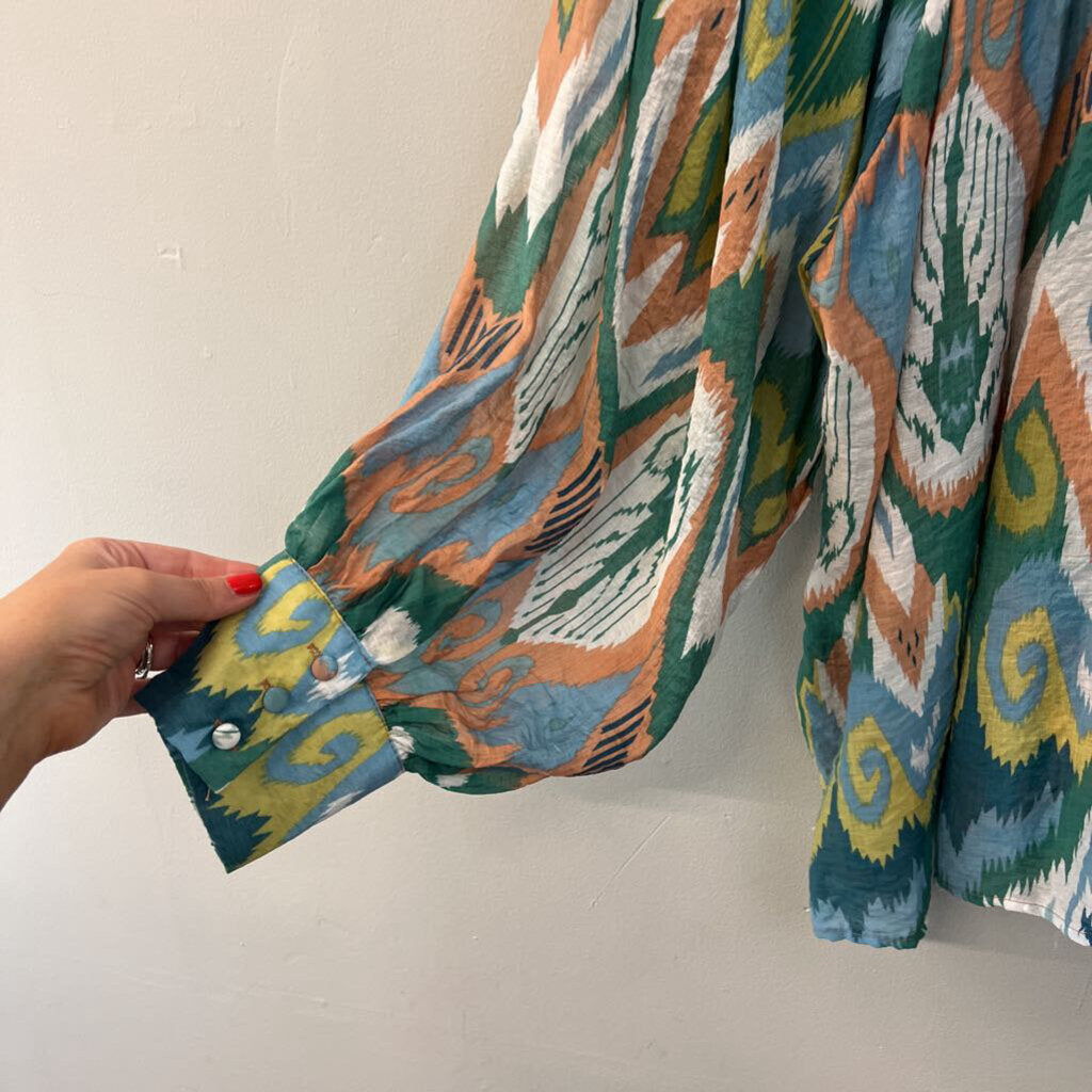 EE Some Green/ Blue/ Multi Print Long Sleeve Dress Large