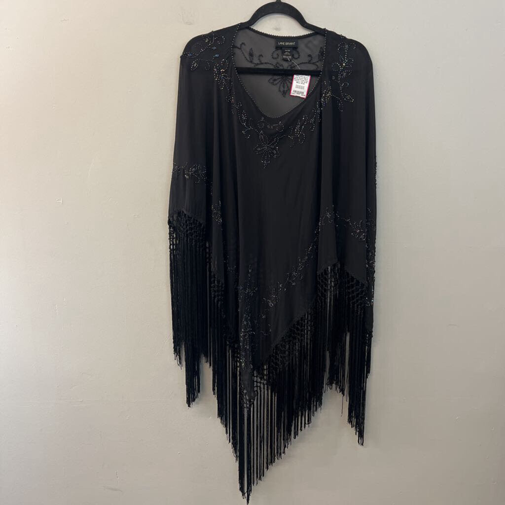 Lane Bryant Black Beaded Fringe Hem Poncho Top 14/20