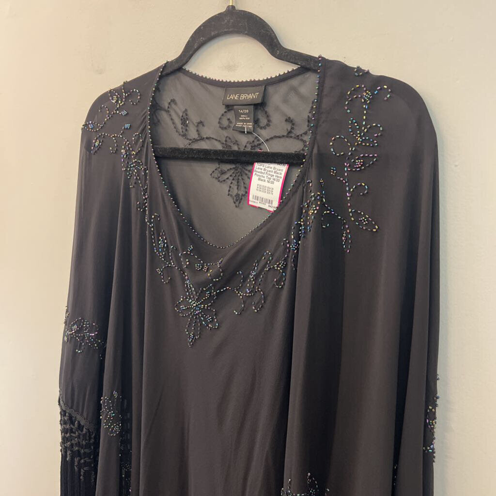 Lane Bryant Black Beaded Fringe Hem Poncho Top 14/20