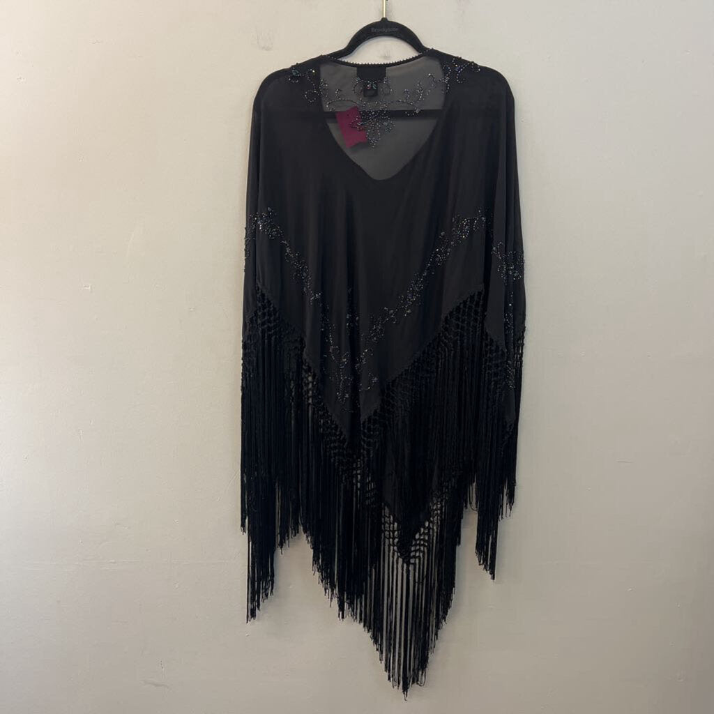Lane Bryant Black Beaded Fringe Hem Poncho Top 14/20