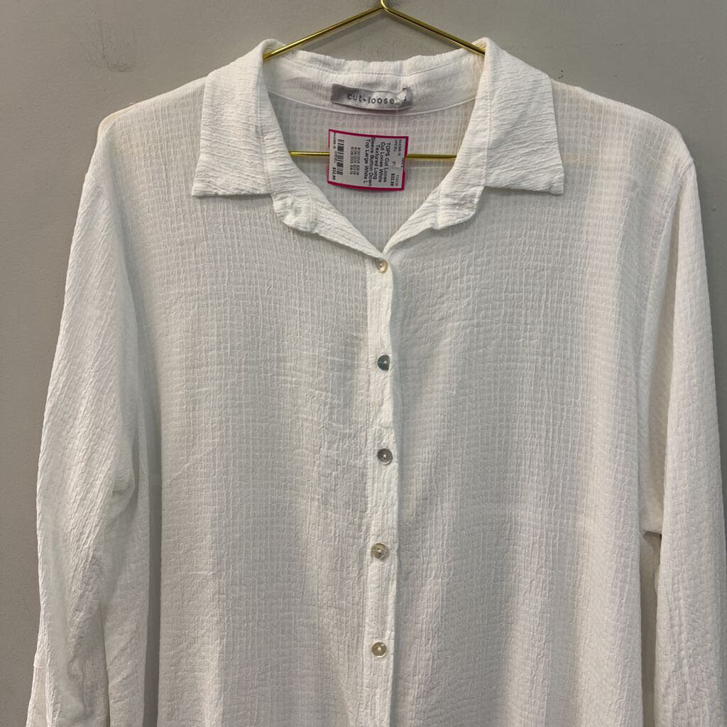 Cut Loose White Textured Long Sleeve Button Down Top Large