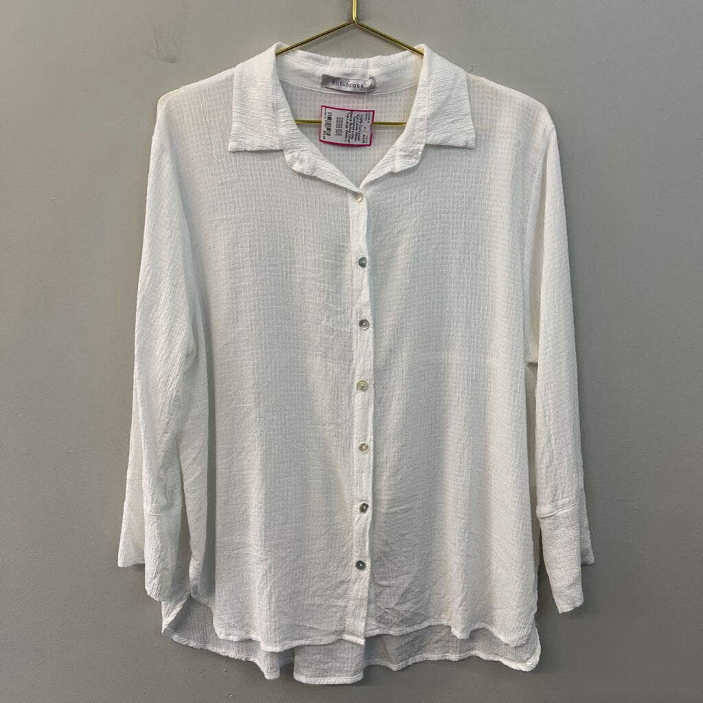 Cut Loose White Textured Long Sleeve Button Down Top Large