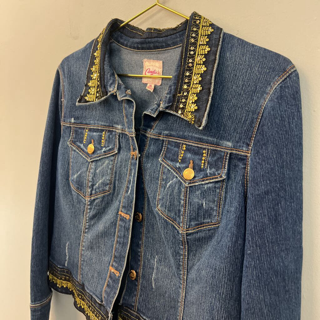Candies Dark Wash Gold Embellished Denim Jacket Extra Large