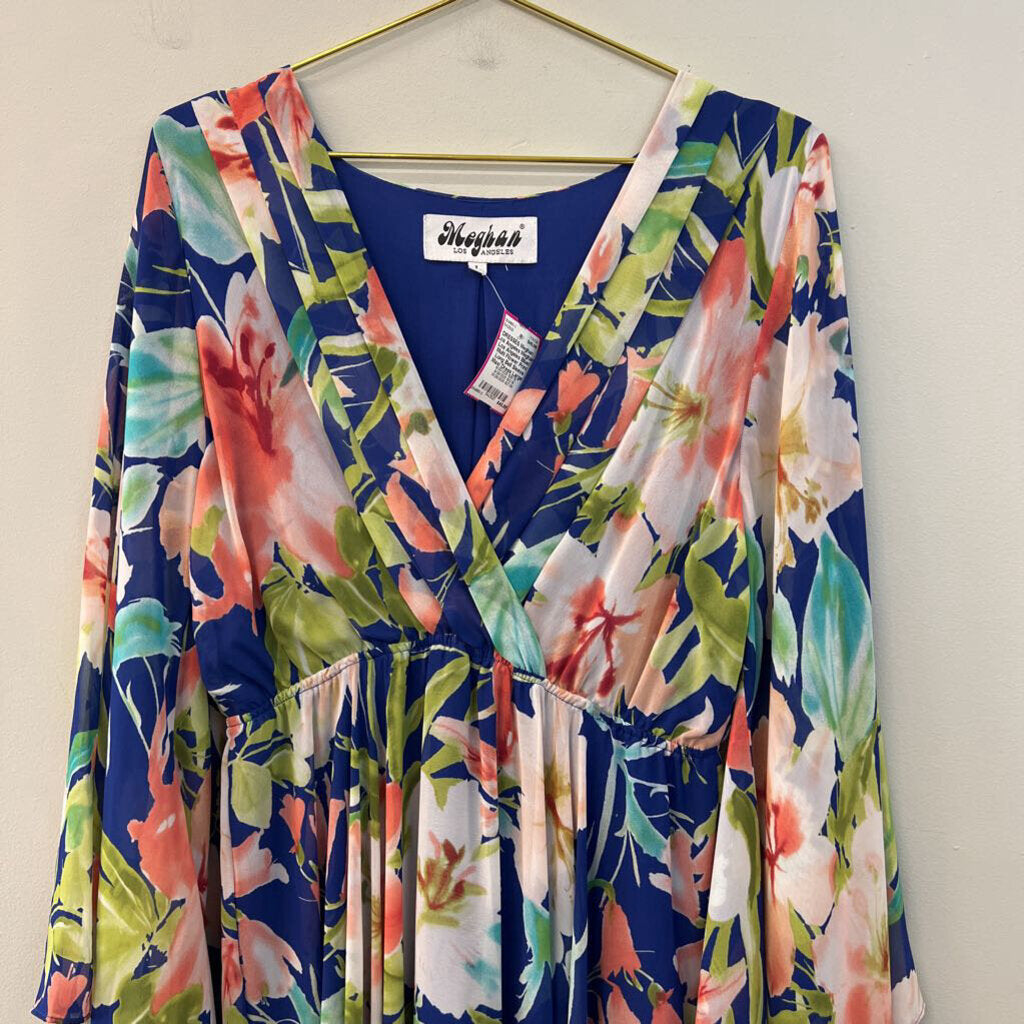 Meghan Los Angeles Blue/ Multi Flower Print Long Bell Sleeve Maxi Dress Large