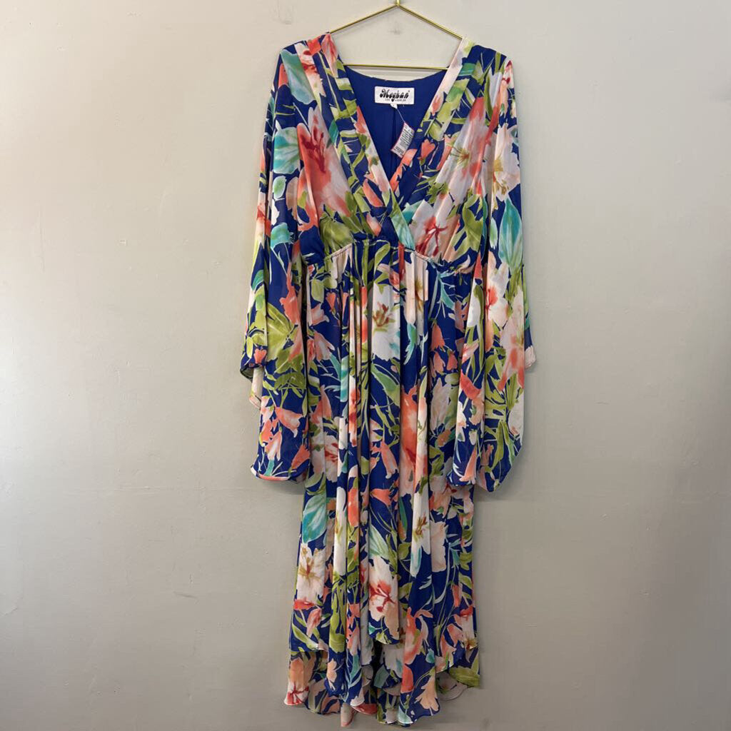 Meghan Los Angeles Blue/ Multi Flower Print Long Bell Sleeve Maxi Dress Large
