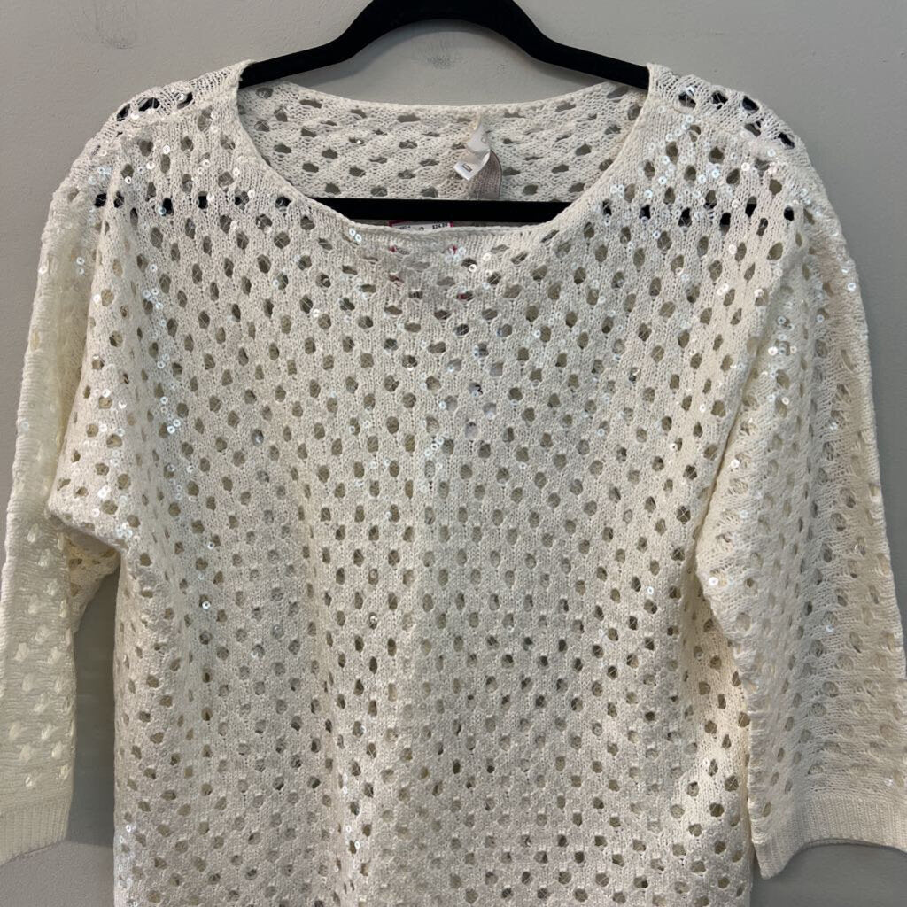 Chicos White Open Knit Sequin Detail Long Sleeve Top 3