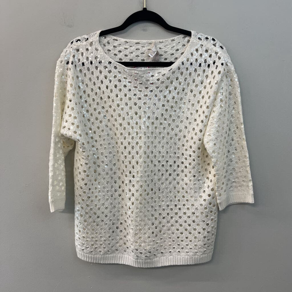 Chicos White Open Knit Sequin Detail Long Sleeve Top 3