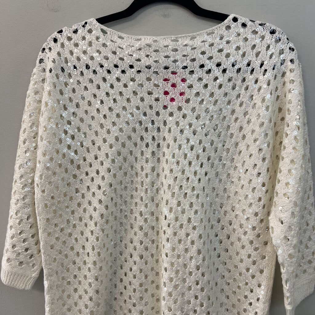 Chicos White Open Knit Sequin Detail Long Sleeve Top 3