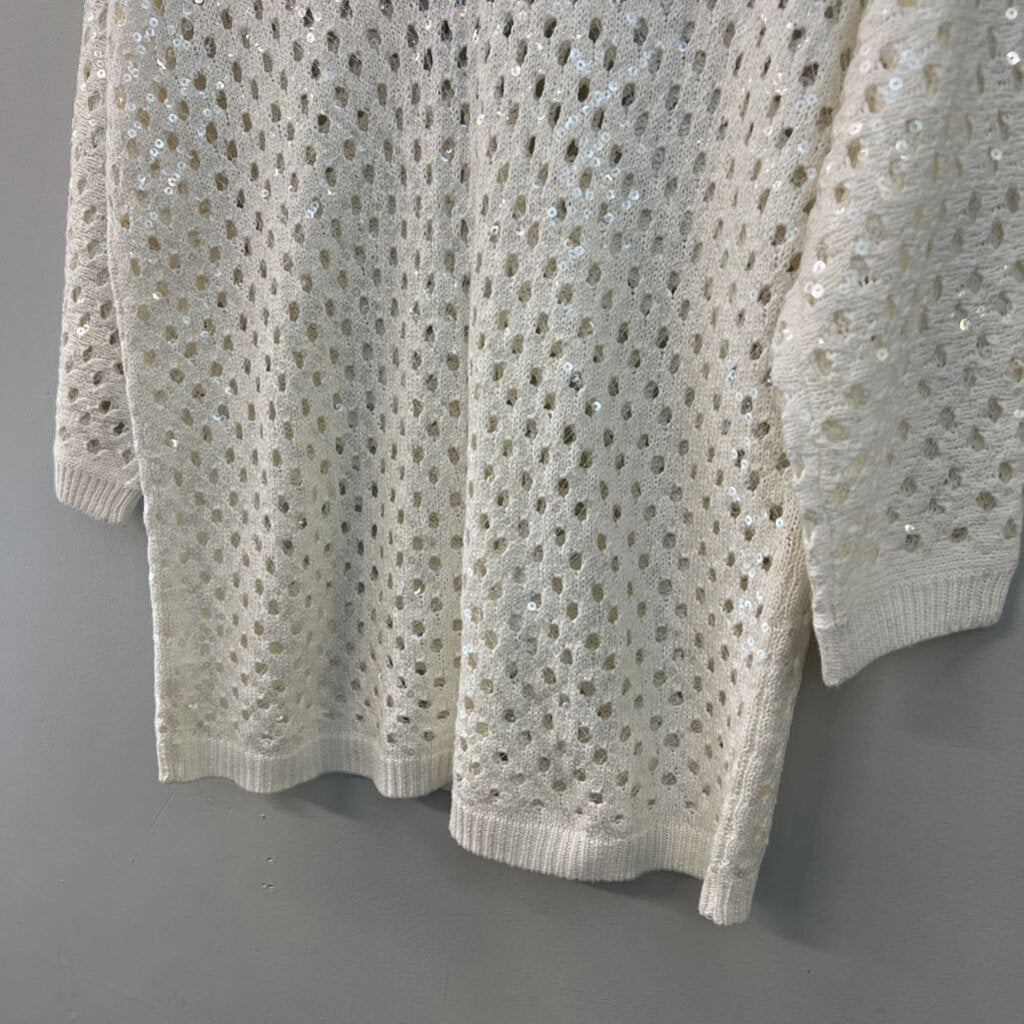 Chicos White Open Knit Sequin Detail Long Sleeve Top 3