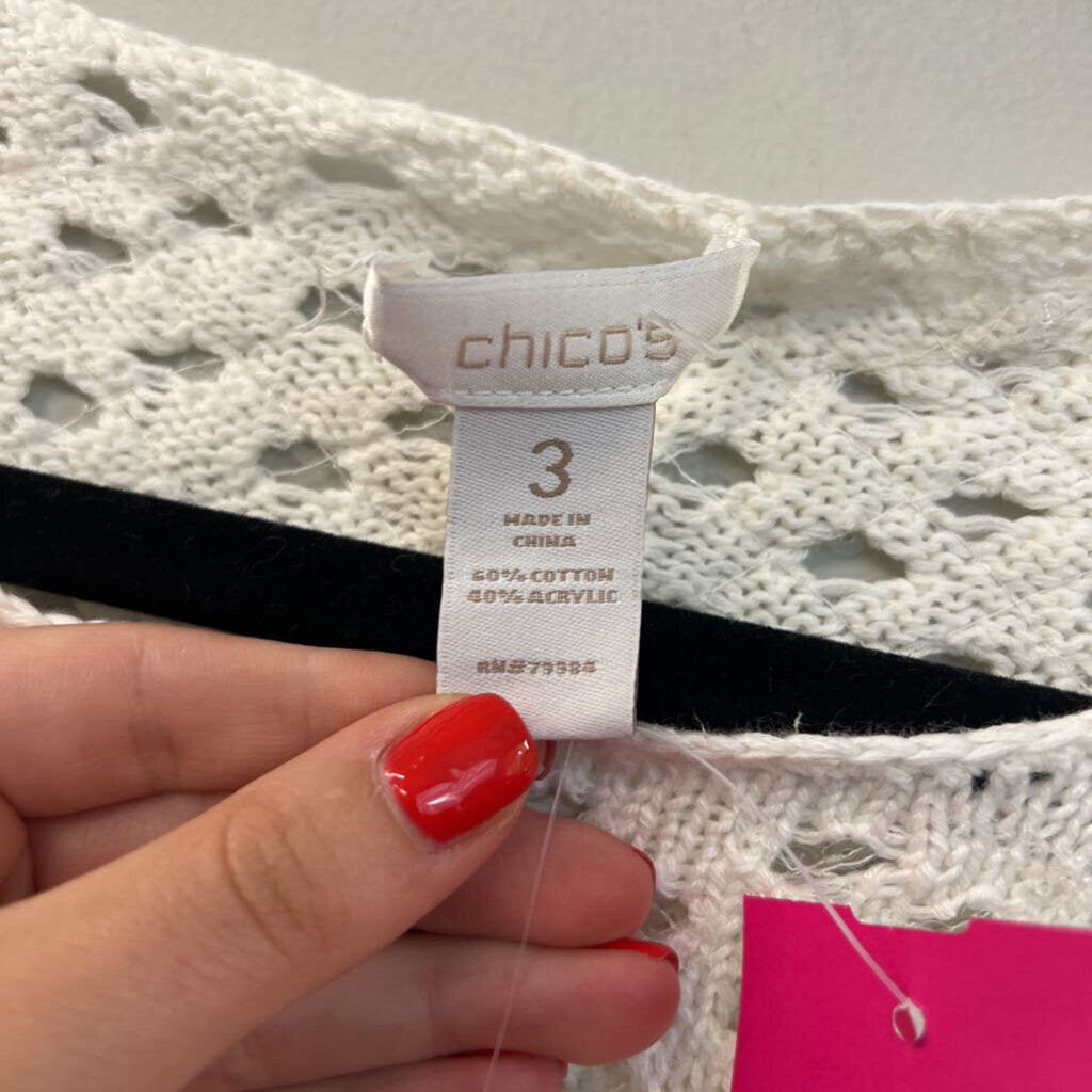 Chicos White Open Knit Sequin Detail Long Sleeve Top 3