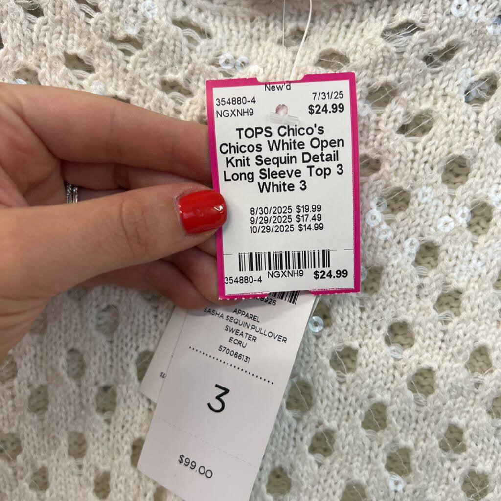 Chicos White Open Knit Sequin Detail Long Sleeve Top 3