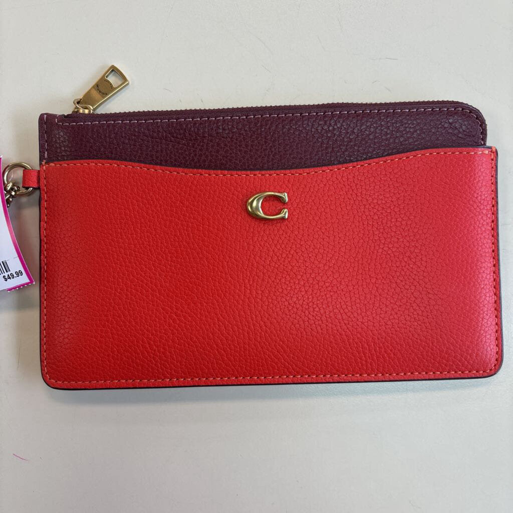 Coach Burgundy/ Orange Leather Large Zip Wristlet Wallet