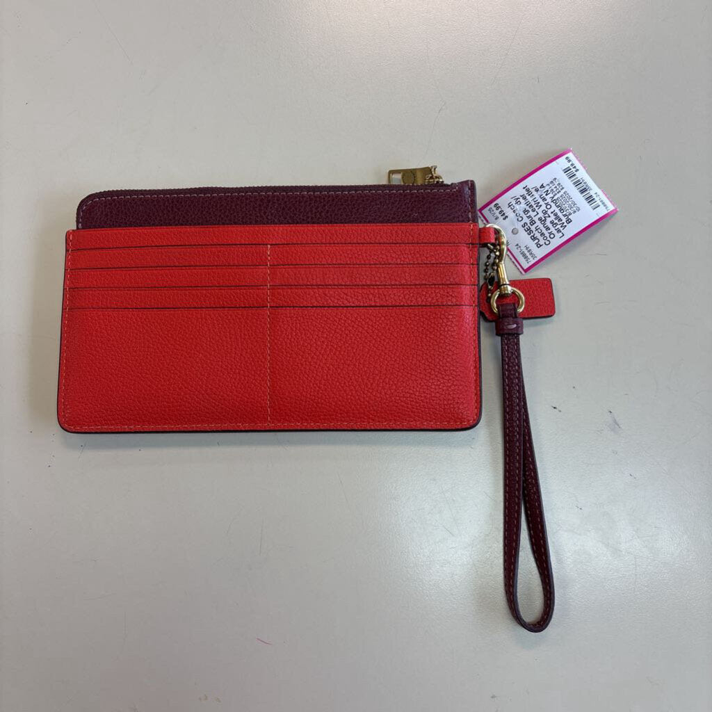Coach Burgundy/ Orange Leather Large Zip Wristlet Wallet