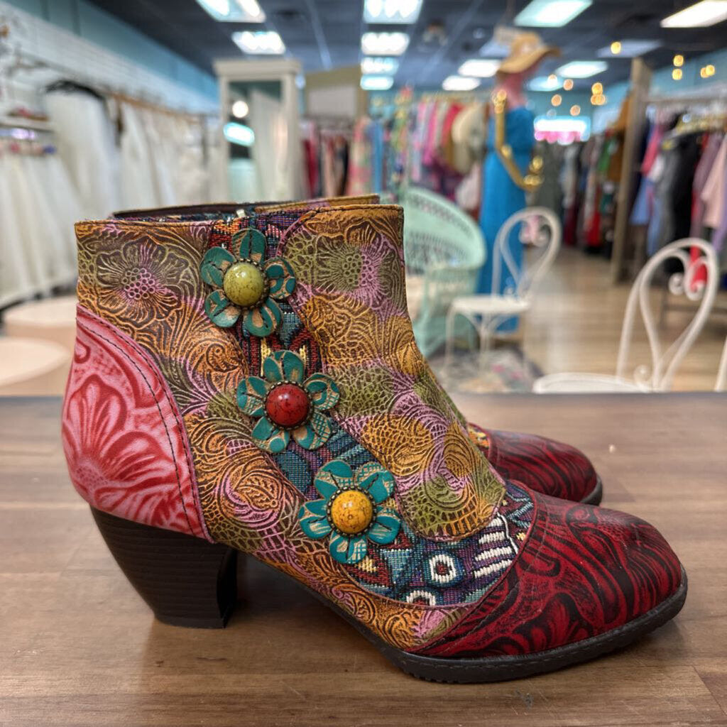 Socofy Multi Color Leather Bohemian Ankle Boots 40