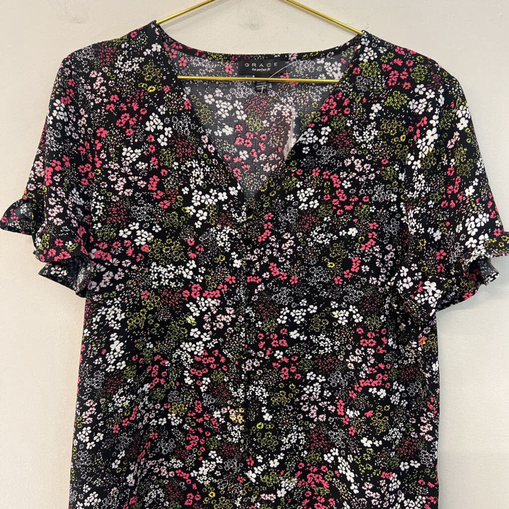 Grace Black/ Multi Flower Print Short Sleeve Top Large