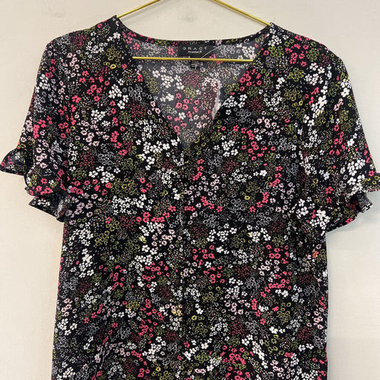 Grace Black/ Multi Flower Print Short Sleeve Top Large