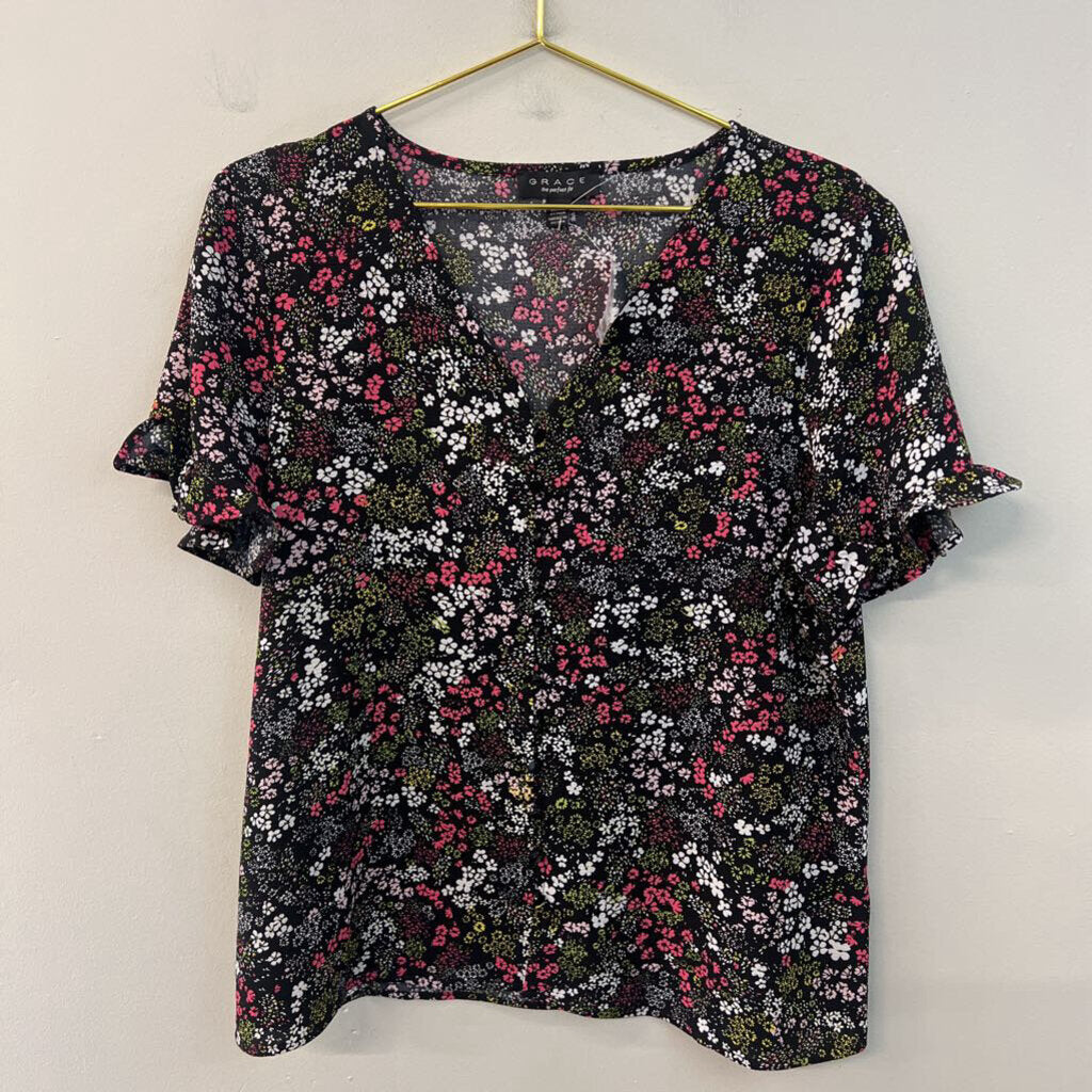 Grace Black/ Multi Flower Print Short Sleeve Top Large