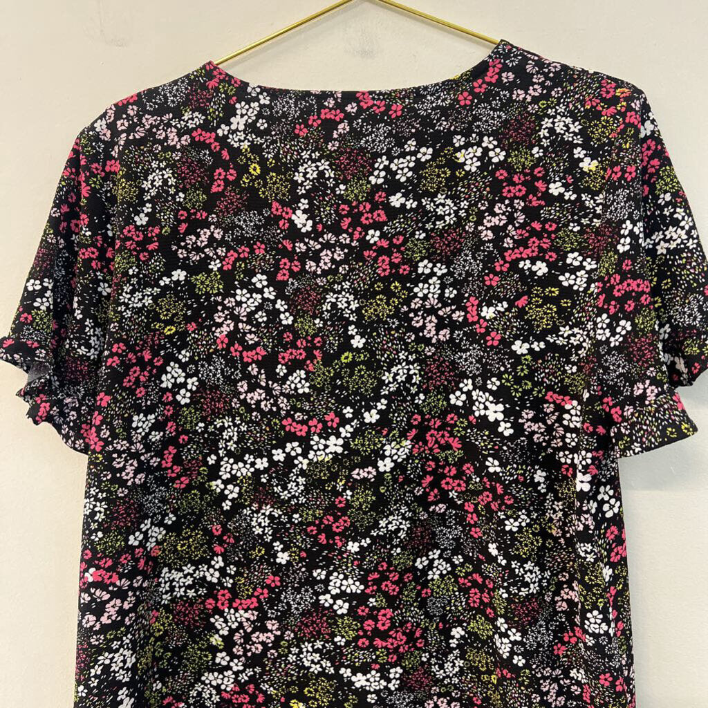Grace Black/ Multi Flower Print Short Sleeve Top Large