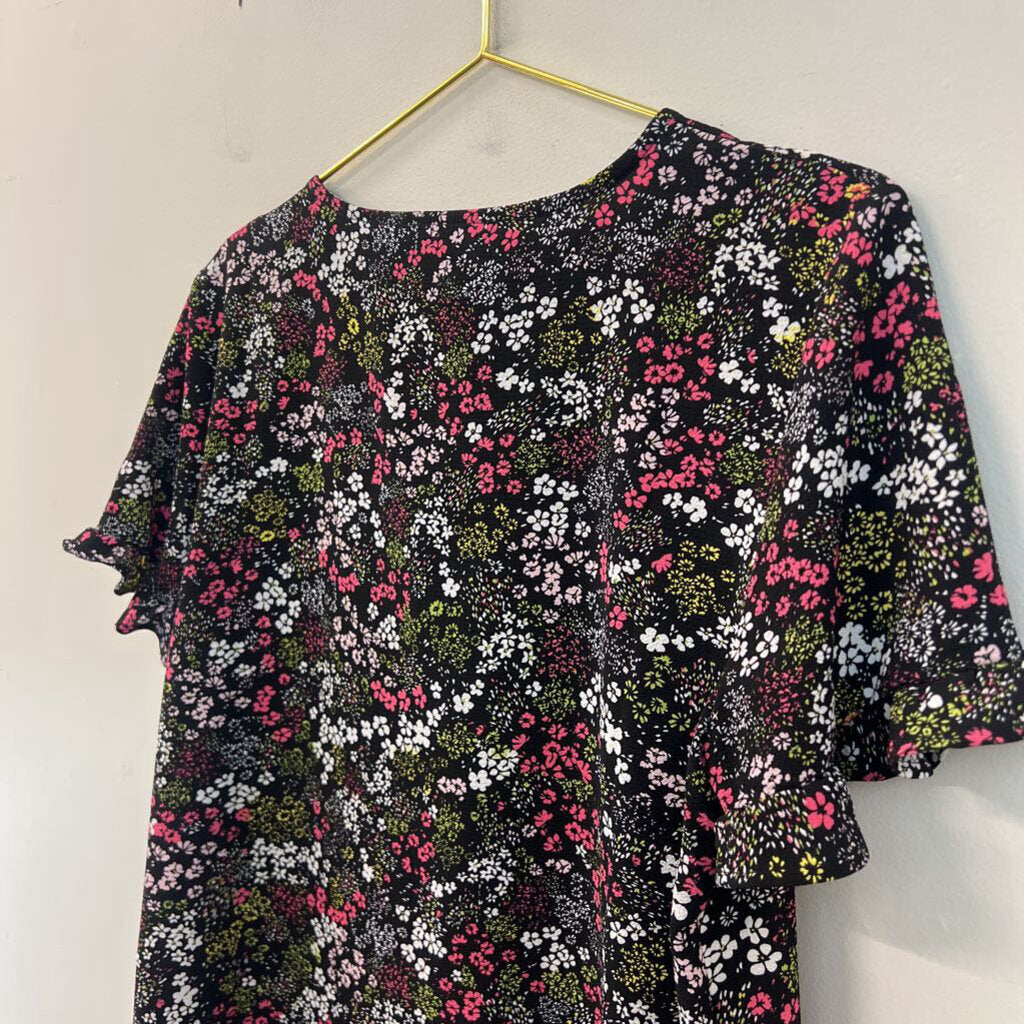 Grace Black/ Multi Flower Print Short Sleeve Top Large