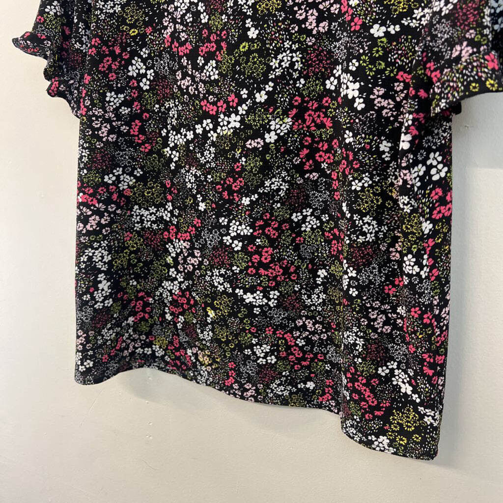 Grace Black/ Multi Flower Print Short Sleeve Top Large