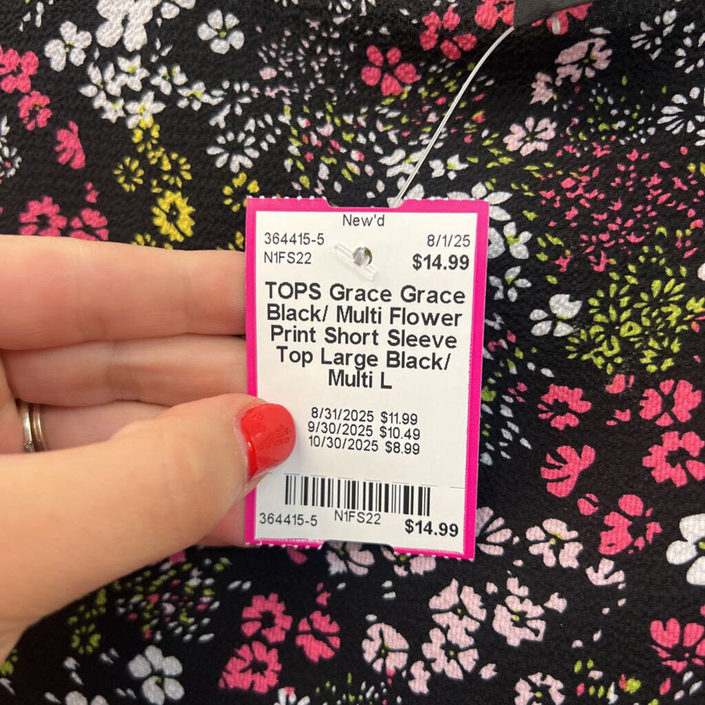 Grace Black/ Multi Flower Print Short Sleeve Top Large