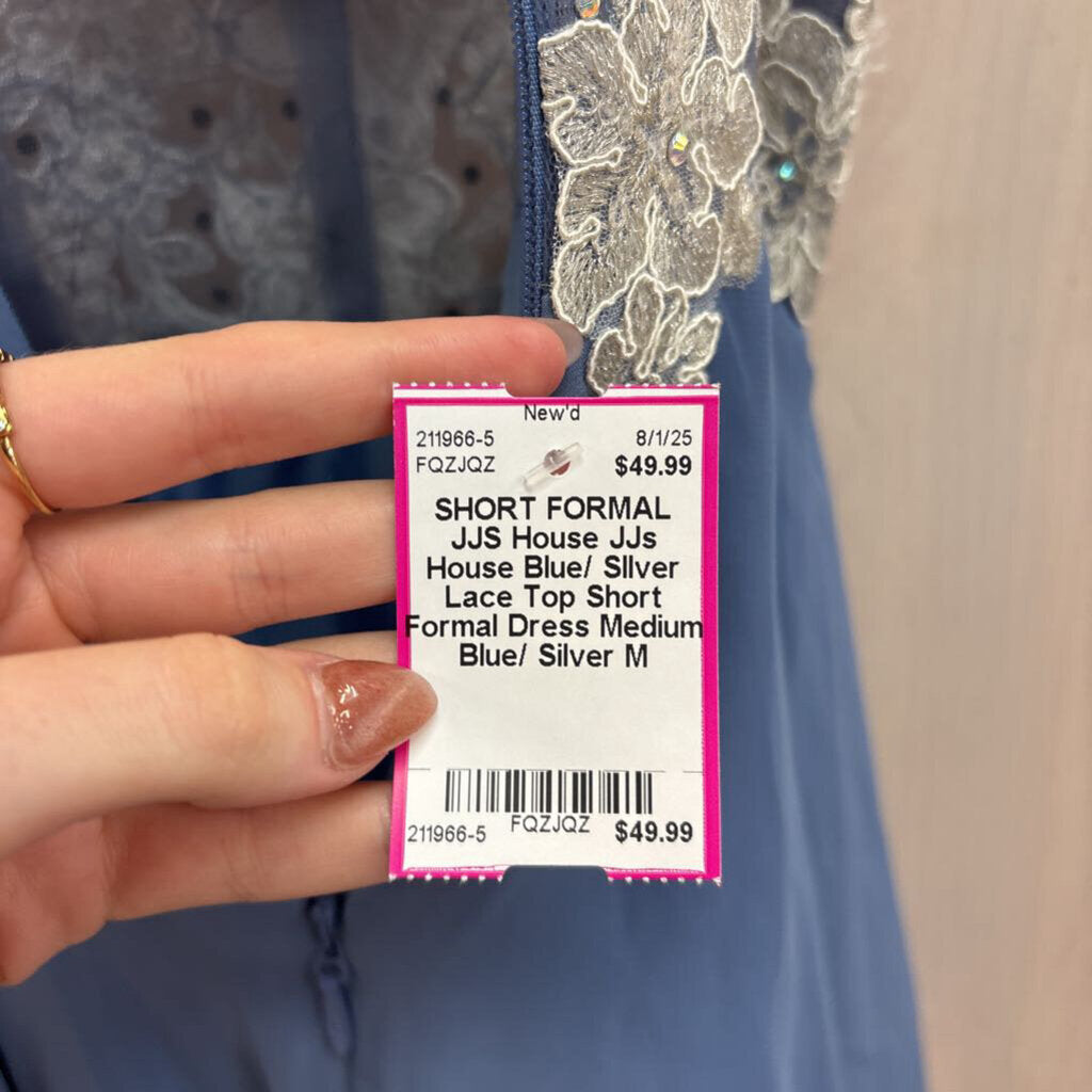 JJs House Blue/ SIlver Lace Top Short Formal Dress Medium