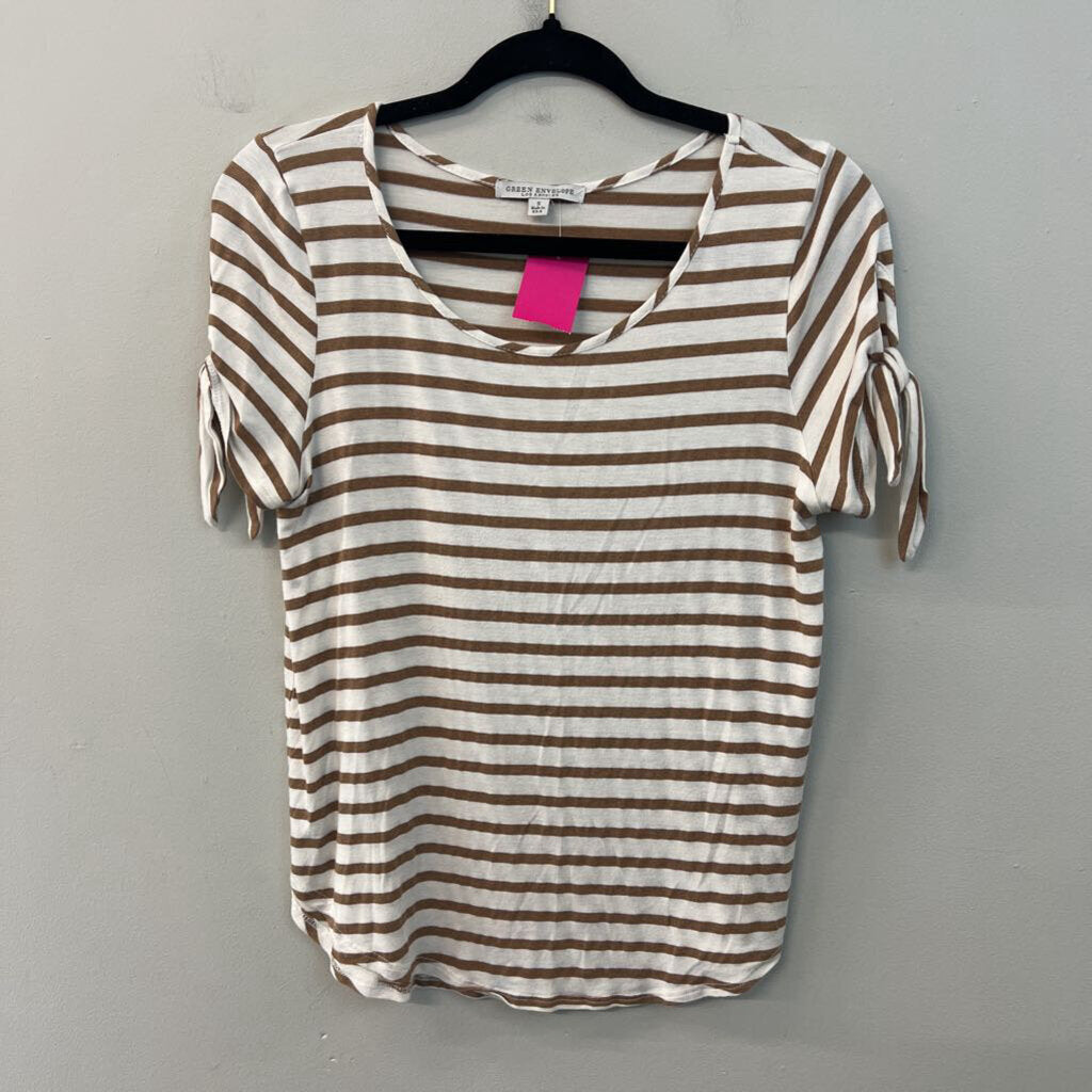 Green Envelope Brown/ White Striped Short Sleeve Top Small