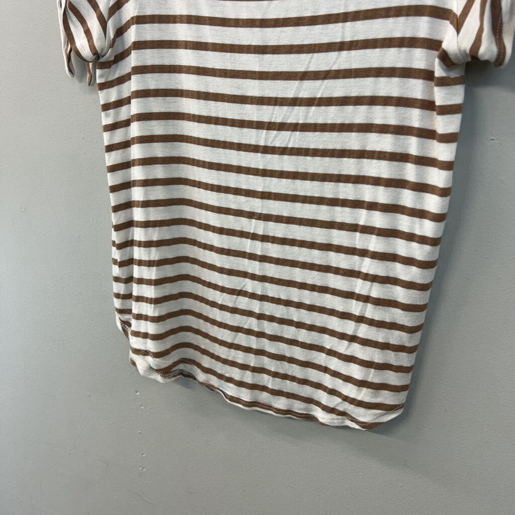 Green Envelope Brown/ White Striped Short Sleeve Top Small
