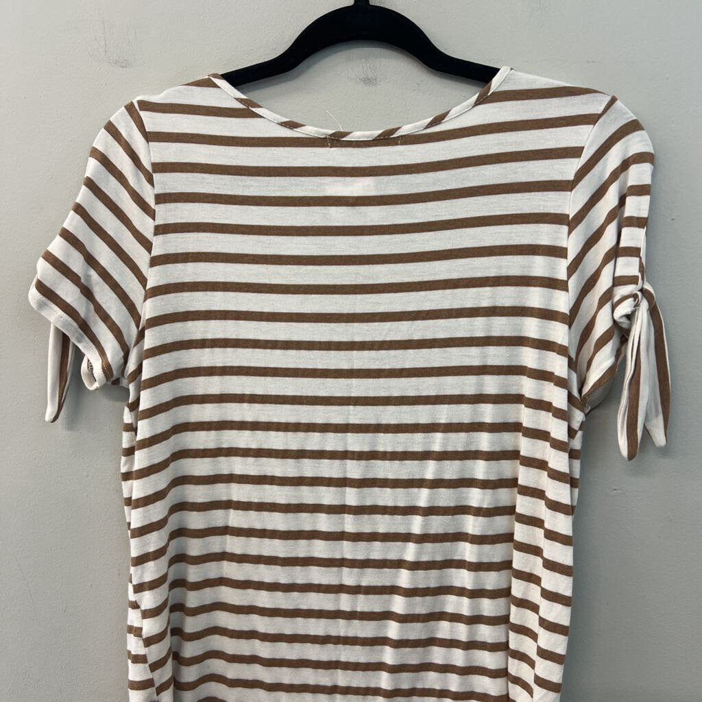 Green Envelope Brown/ White Striped Short Sleeve Top Small