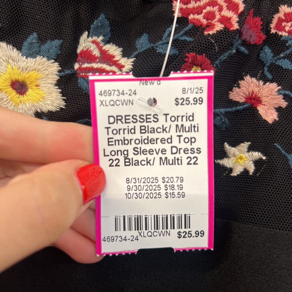 Torrid Black/ Multi Embroidered Top Long Sleeve Dress 22