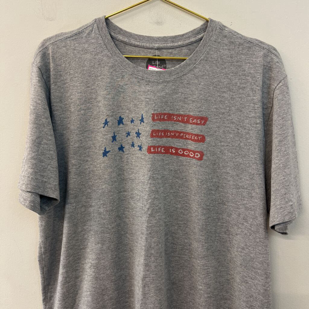 Life Is Good Grey Flag Short Sleeve Graphic Tee Large