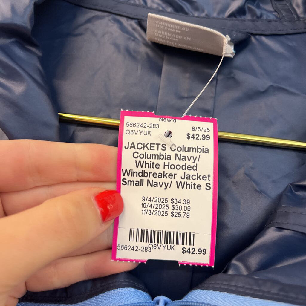 Columbia Navy/ White Hooded Windbreaker Jacket Small