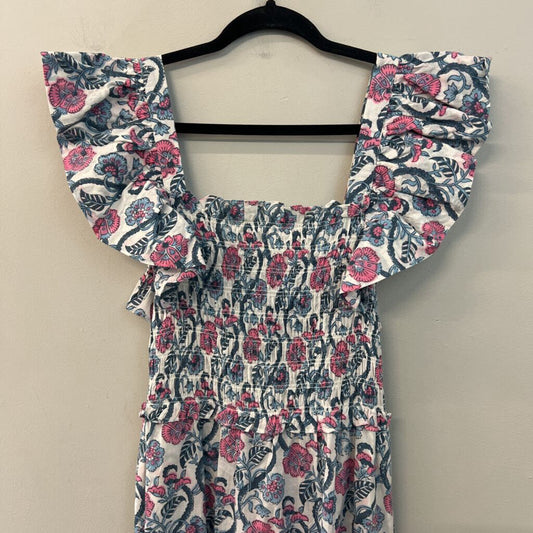 Anna Cate White/ Blue/ Pink Print Short Flutter Sleeve Tie Back Maxi Dress Small