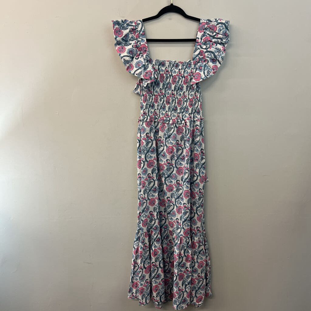 Anna Cate White/ Blue/ Pink Print Short Flutter Sleeve Tie Back Maxi Dress Small