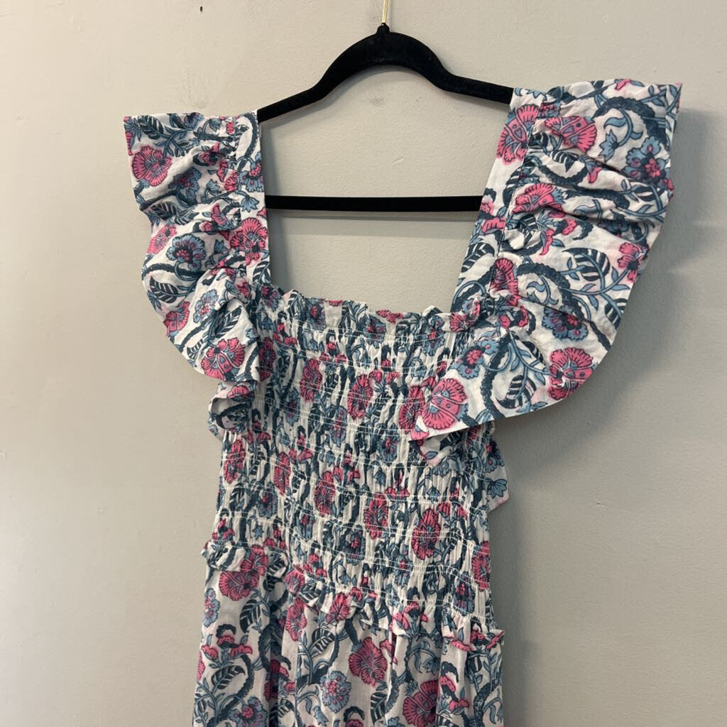 Anna Cate White/ Blue/ Pink Print Short Flutter Sleeve Tie Back Maxi Dress Small